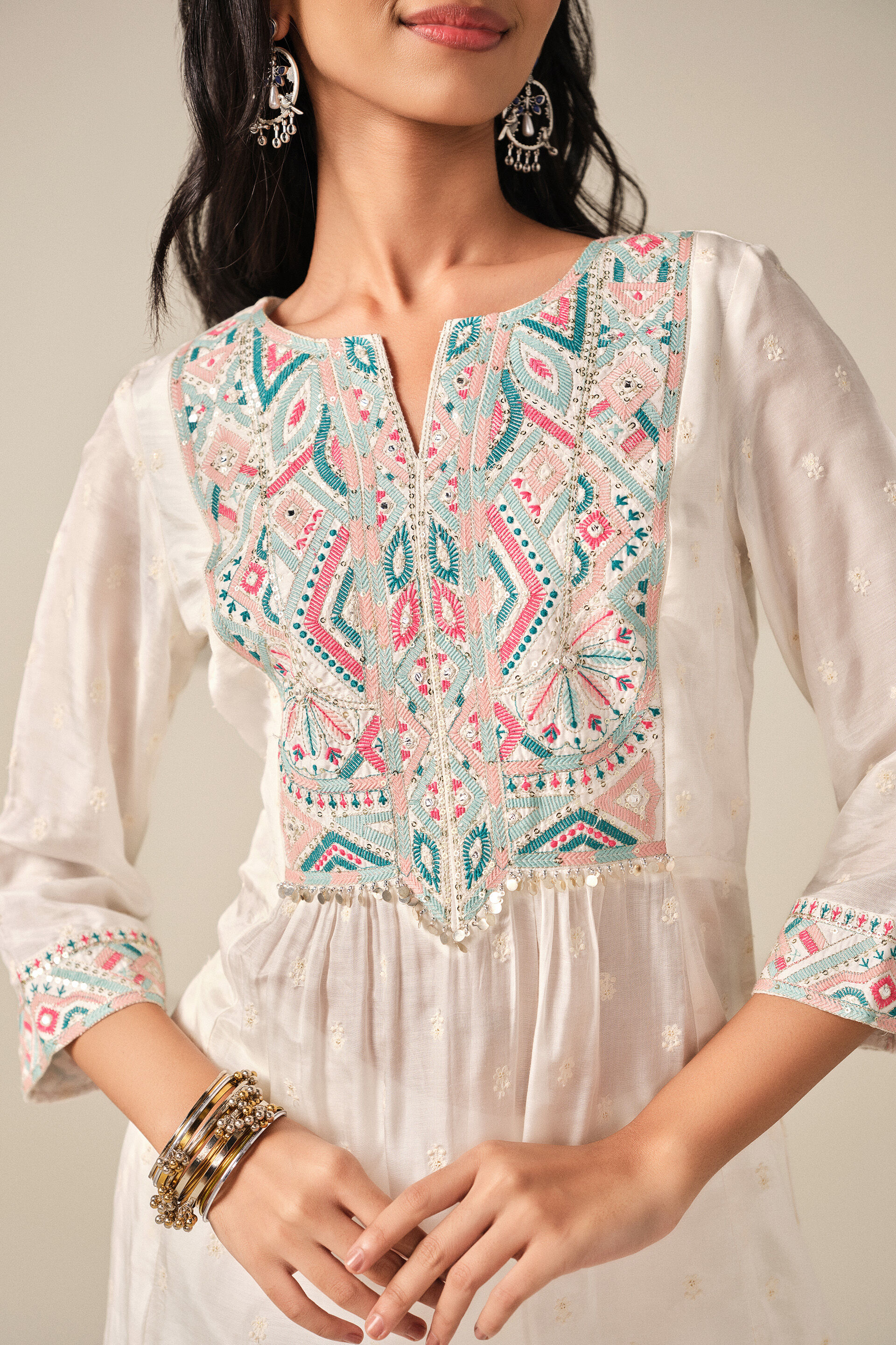 Embroidered Kurta Set in White, White, image 2